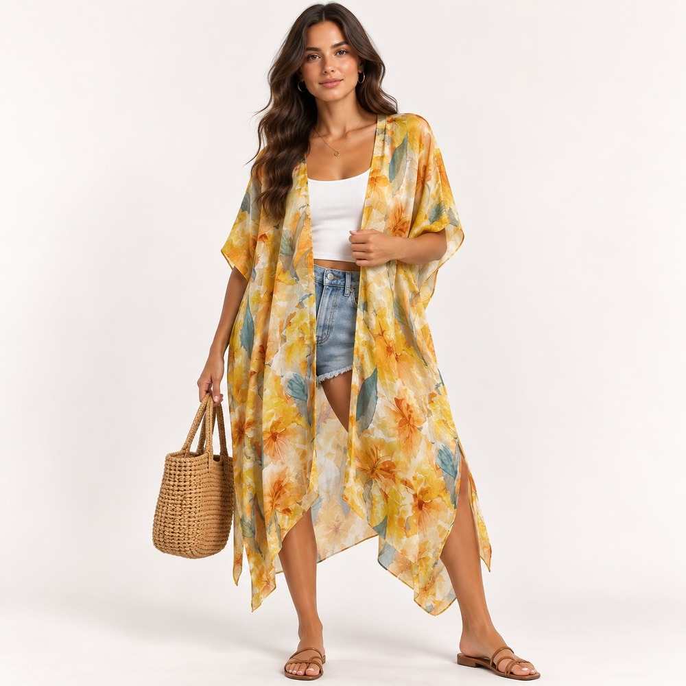 Vici Cover Up Women's Long Cardigan Yellow Floral Pattern Silky Size S/M